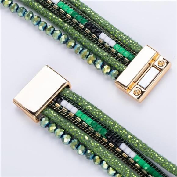 Green Leather Wrap Bracelet Crystal Beads Boho Stone Cuff Charm Jewelry Women - Picture 6 of 7